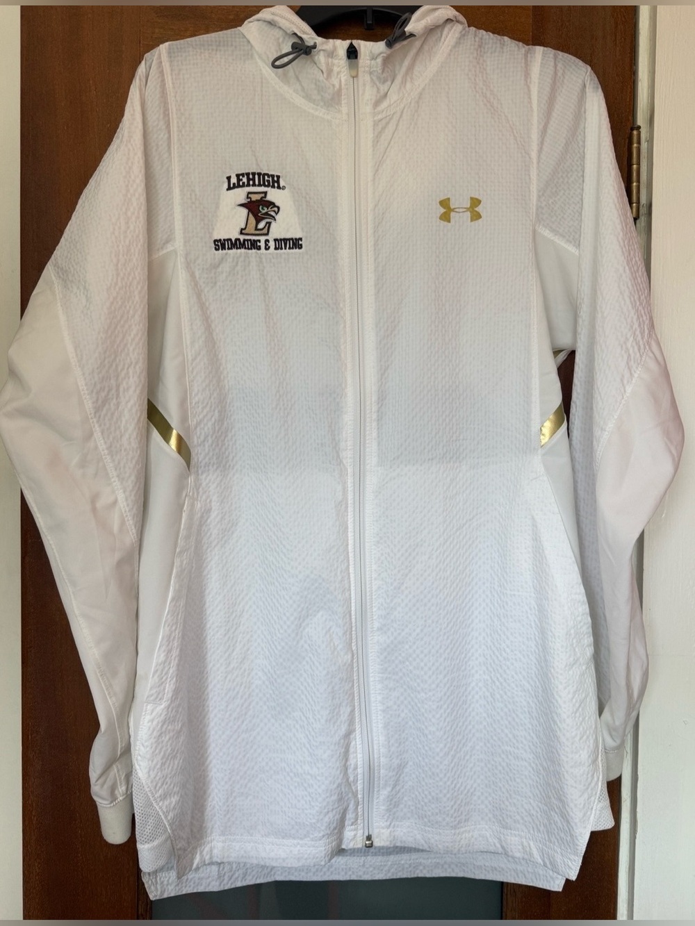 Lehigh Swimming & Diving White Under Armour Full Zip Vented Hooded Windbreaker